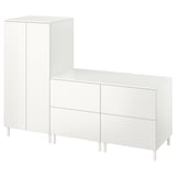 A white kids storage unit, SMÅSTAD, combining a wardrobe and a chest with drawers.
