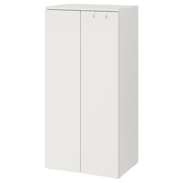 This image shows a white, rectangular SMÅSTAD wardrobe for childrens rooms. It two doors with adjustable interiors for easy access.