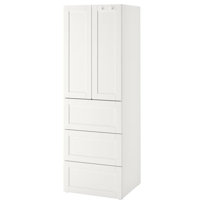 White vertical wardrobe with drawers and adjustable feet.