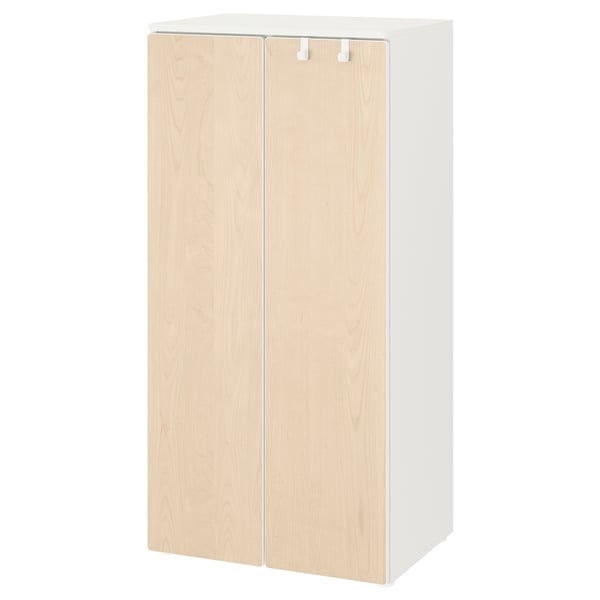 A white and light wood-colored SMÅSTAD wardrobe with two doors.