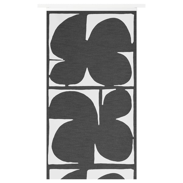 Black & white leaf-patterned SMÅSTÄVMAL curtain - polyester, privacy, light diffusion.
