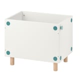 A white SMUSSLA bedside table with blue dots and wooden legs, designed for kids.