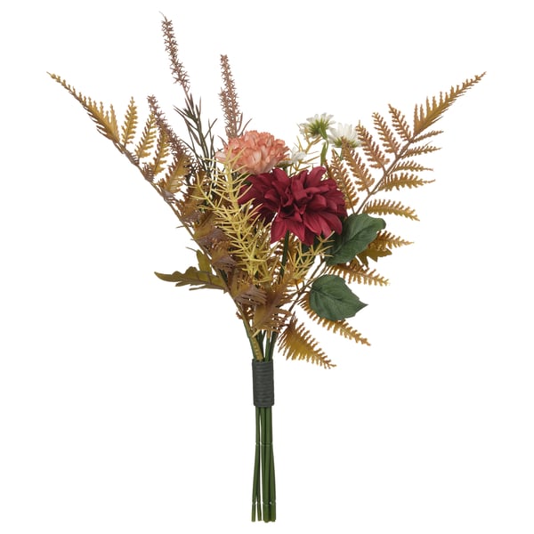 SMYCKA bouquet: red, peach flowers with green leaves, artificial, recycled materials.
