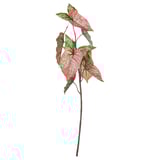 SMYCKA: bright pink and green artificial flower with brown stem, realistic leaves, recycled plastic material, vibrant colors, detailed veining.