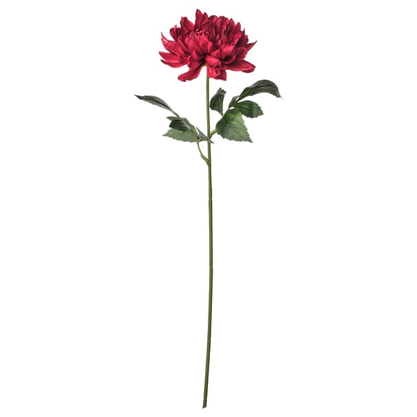 Single red artificial flower with green stem and leaves.