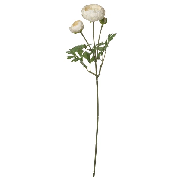 White artificial flower stem with two blooms and green leaves, made from recycled materials.