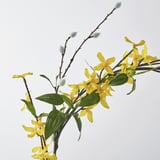 Artificial flower branch with vibrant yellow blossoms, green foliage, and realistic buds. Crafted from recycled materials for eco-friendly decor.
