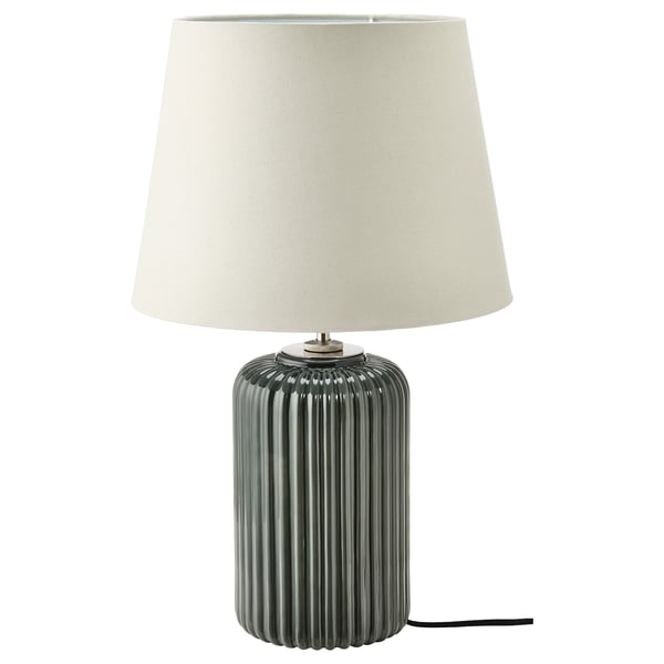 SNÖBYAR lamp: grey ceramic base, white fabric shade. Modern, cylindrical shape.