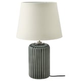 SNÖBYAR lamp: grey ceramic base, white fabric shade. Modern, cylindrical shape.