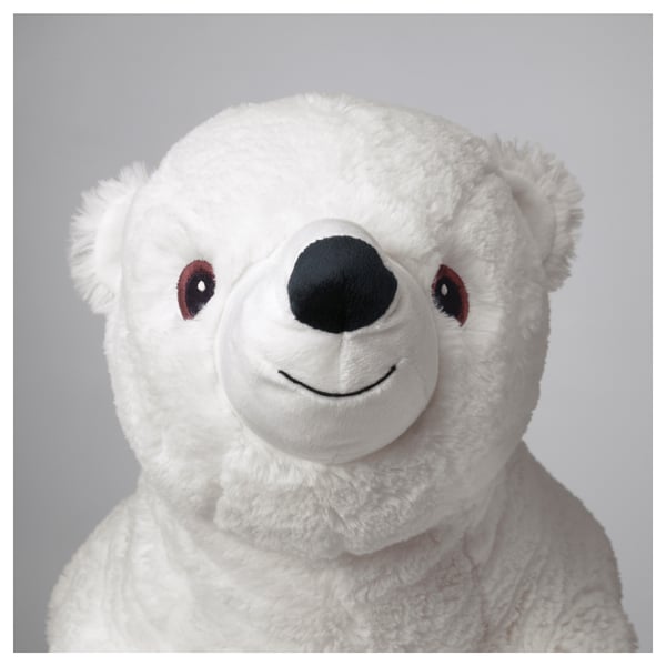 Soft, white polar bear plush toy with black eyes and nose; friendly, smiling face. Perfect for cuddling.