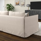 SÖDERHAMN sofa, minimalist, beige, wood floor, tv, plants.