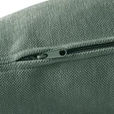Close-up zipper on soft, green, textured fabric bag, showcasing quality and durability.