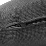 Close-up of a gray, textured fabric with a smooth metal zipper, showcasing high-quality craftsmanship.