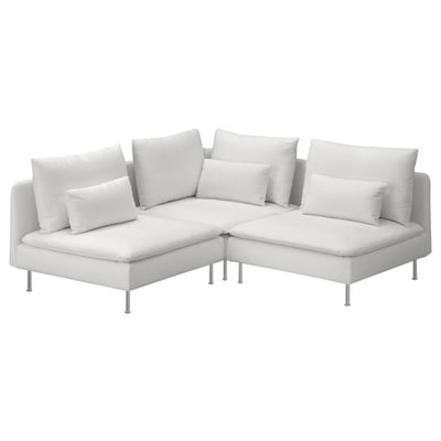 Modern white l-shaped sectional sofa with chrome legs, featuring plush cushions and sleek design.