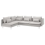 Modern light grey l-shaped SÖDERHAMN sofa with deep seats and metal legs.