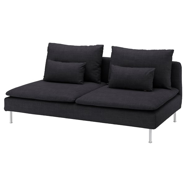 Modern dark grey l-shaped sofa with four cushions on metal legs.