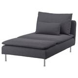 Dark gray modern chaise lounge with two cushions on sleek metal legs.