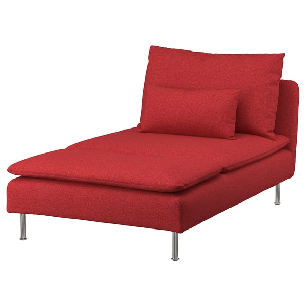 Red, modern reclining lounge chair with sleek metal legs. Featuring a comfortable backrest and headrest, ideal for relaxation.
