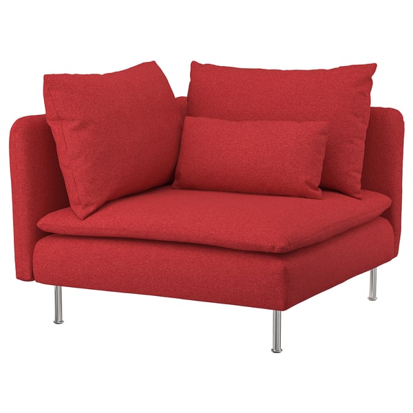 Bright red SÖDERHAMN chair, modern, cozy, with removable cover and metal legs.