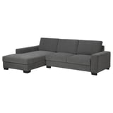 Modern dark grey l-shaped sofa with minimalist style. Soft fabric, solid wood legs.