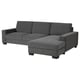 Option: Modern dark grey l-shaped sofa with minimalist design, plush cushions, and sturdy black legs.
