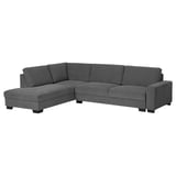 A modern, dark grey, l-shaped SÖRVALLEN sofa with a minimalist design and sturdy wooden legs.
