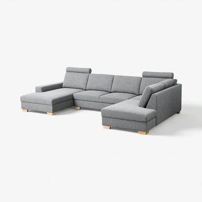 Modern u-shaped grey sofa with light wooden legs, minimalist scandinavian design, supportive cushions.