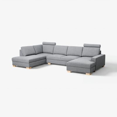 Modern grey u-shaped sofa, light wood legs, plush cushions with minimalist design.