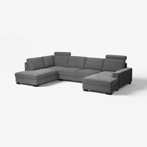 Modern grey u-shaped sectional sofa, minimalist design, dark wood legs.