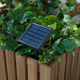 A solar-powered light panel nestled among green leaves in a wooden planter, charging during daylight to illuminate at night.