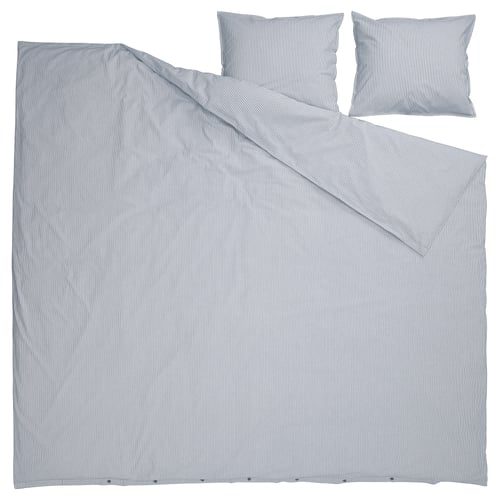 Blue and white striped bedding set, featuring duvet cover and pillowcases, made from recycled cotton.