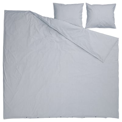 Blue and white striped bedding set, featuring duvet cover and pillowcases, made from recycled cotton.