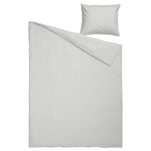 Striped duvet cover & pillowcase set in grey, recycled cotton.