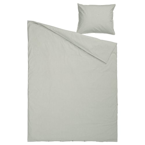 Ikea SOLFIBBLA gray striped bedding set, recycled cotton, rectangular with pillow.