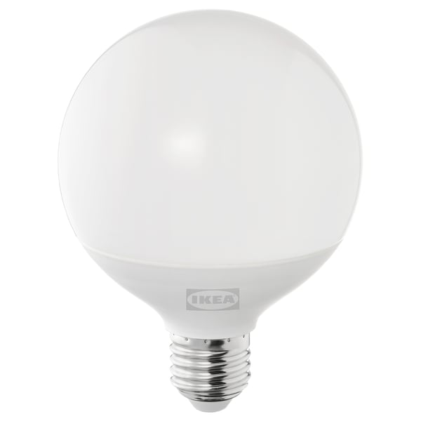 Ikea SOLHETTA led light bulb, warm-white, spherical, plastic.