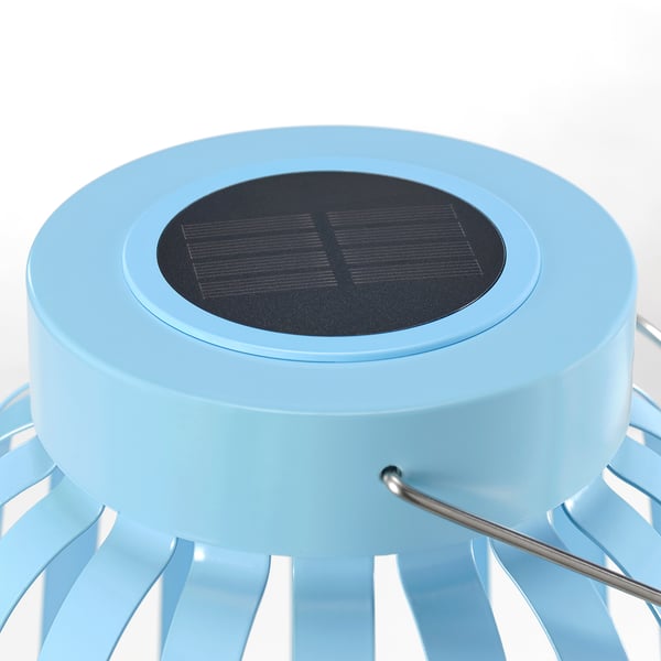 Light blue solar lamp; sleek design, robust build, stainless steel handle.