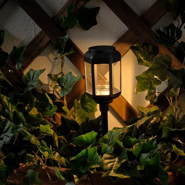 A solar-powered lantern illuminates through lush green vines, casting soft light against a wooden fence backdrop.