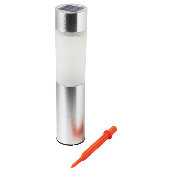 SOLVINDEN solar light, silver and white, stands upright with orange spike for placement.