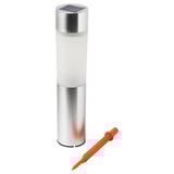 SOLVINDEN solar light, silver and white, stands upright with orange spike for placement.