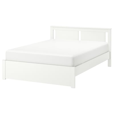 White SONGESAND bed with rectangular headboard, sleek edges, high legs. Clean, modern design.