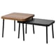 Two modern nesting tables: one square, one rectangular, black metal legs, wood tops.