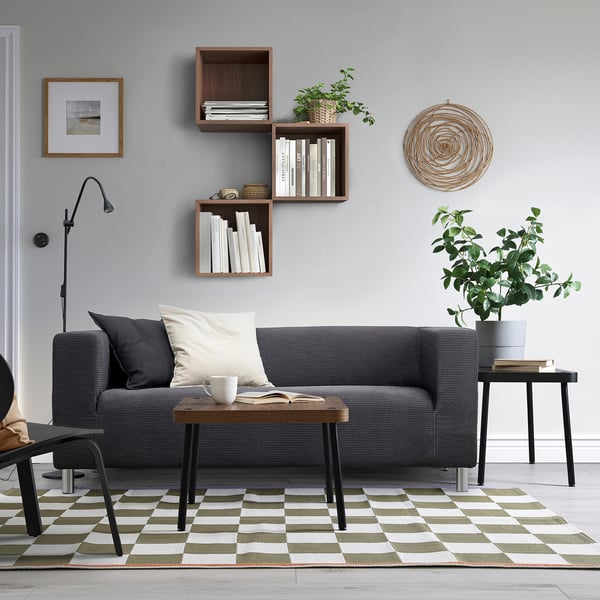 Grey sofa, coffee table, shelves with books, plants, natural light.