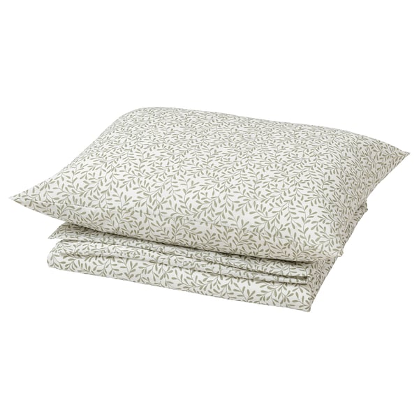 SORGMANTEL bedding set, beige with green leaf pattern, cotton-polyester blend, square pillows.