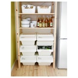 Wooden storage shelves with white bins and bottles, neatly organized. Stackable bins have folding lids for easy access.