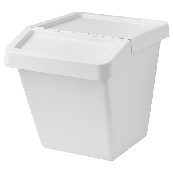 A white ikea SORTERA plastic storage bin with a foldable lid. The container is square-shaped and designed for easy stacking.