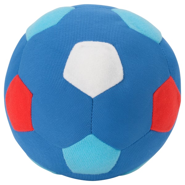 Soft blue, red, and light blue football-shaped toy made of polyester.