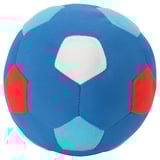 Soft blue, red, and light blue football-shaped toy made of polyester.