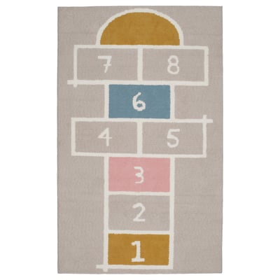 Kids hopscotch rug, grey with colored squares, soft, recycled polyester.