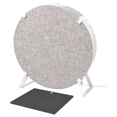 A gray ikea STARKVIND air purifier on a white stand with a dark filter in front.
