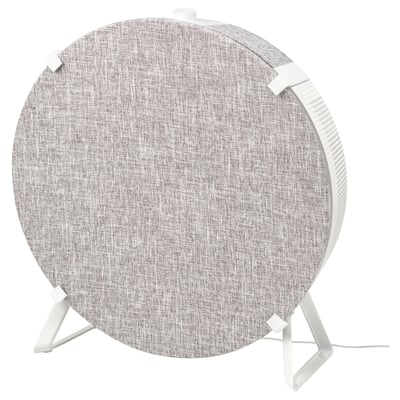 A round gray and white STARKVIND air purifier on a white stand. Modern design with a fabric cover and integrated handle.
